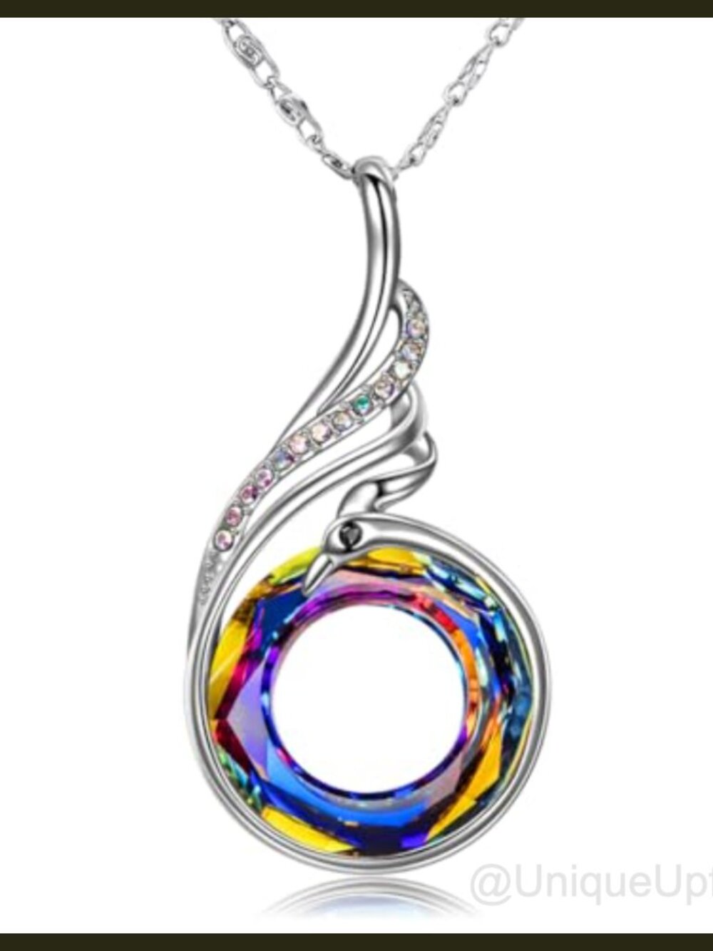 Phoenix Pendant Necklace Austrian Crystals White Gold Plated Brass
